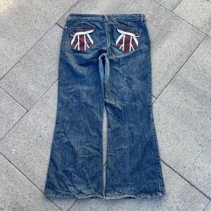 Canyon River Blues Petite Flare Jeans Union Jack Flag Pockets Medium Wash 14 Avg